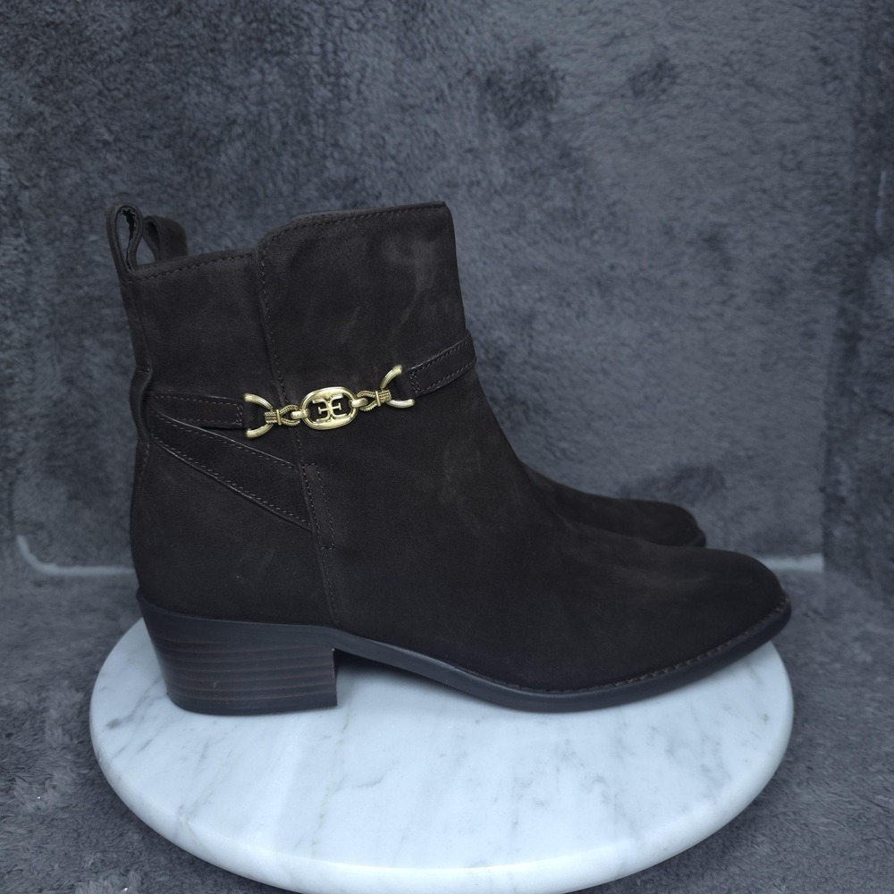 Sam Edelman Bramley Boots Womens 8 Brown Suede Ankle Block Heel Gold Hardware